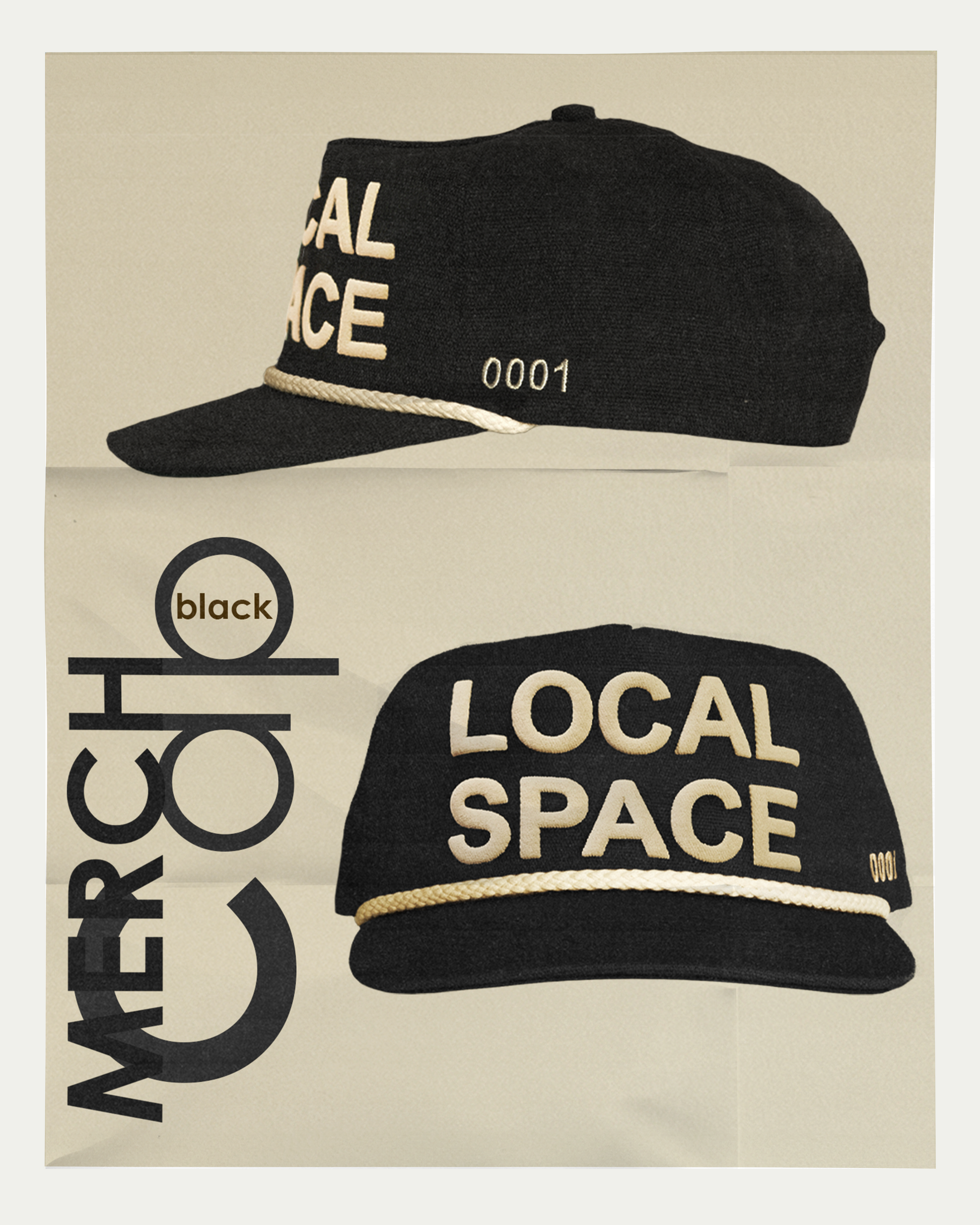 Black Merch Cap featuring 'LOCAL SPACE' in puff print on the front, 'ISSUE 0001' embroidery on the side, vintage snapback fit, and a slightly curved brim, made from 100% cotton canvas.