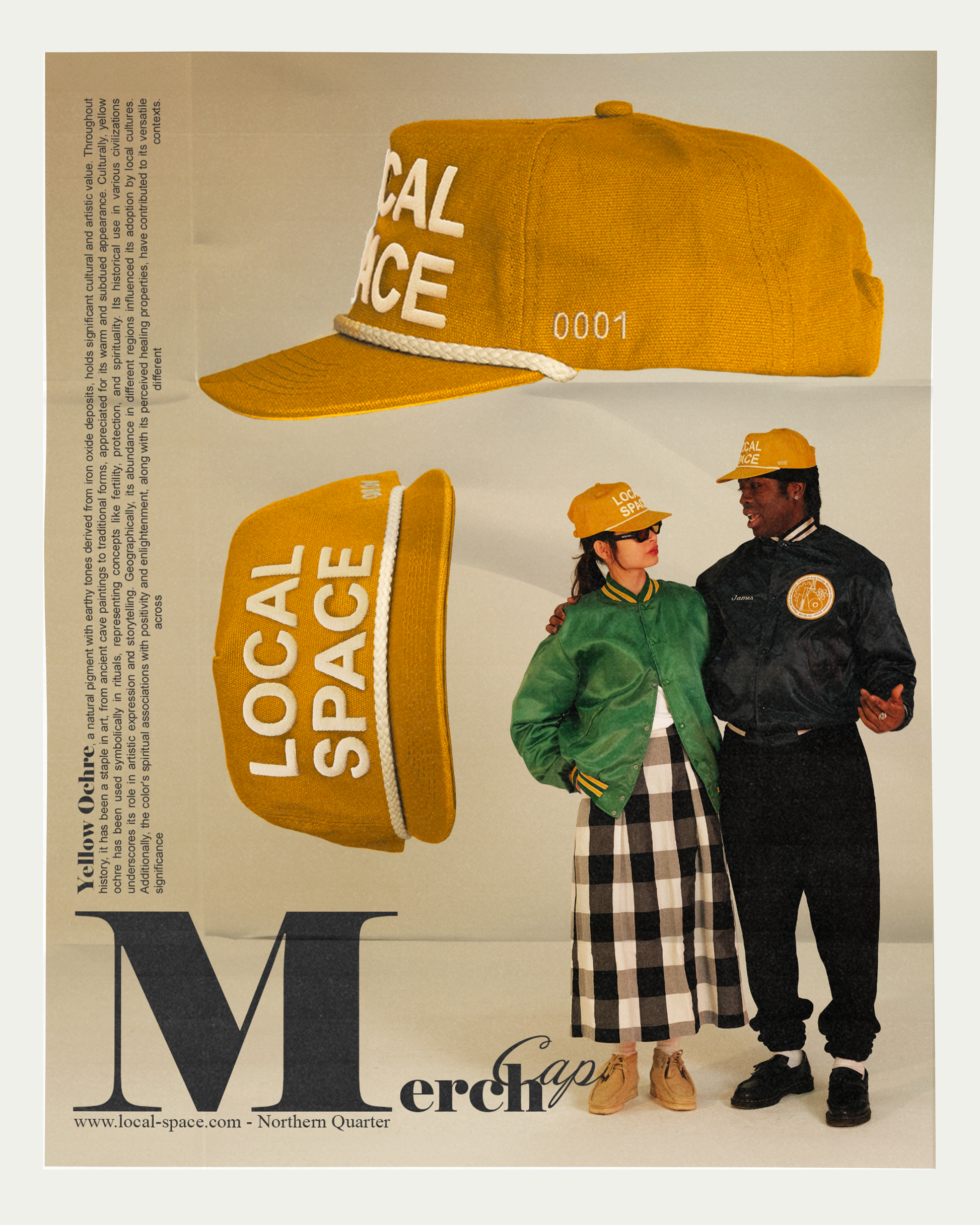 Yellow Orche Merch Cap featuring 'LOCAL SPACE' in puff print on the front, 'ISSUE 0001' embroidery on the side, vintage snapback fit, and a slightly curved brim, made from 100% cotton canvas.