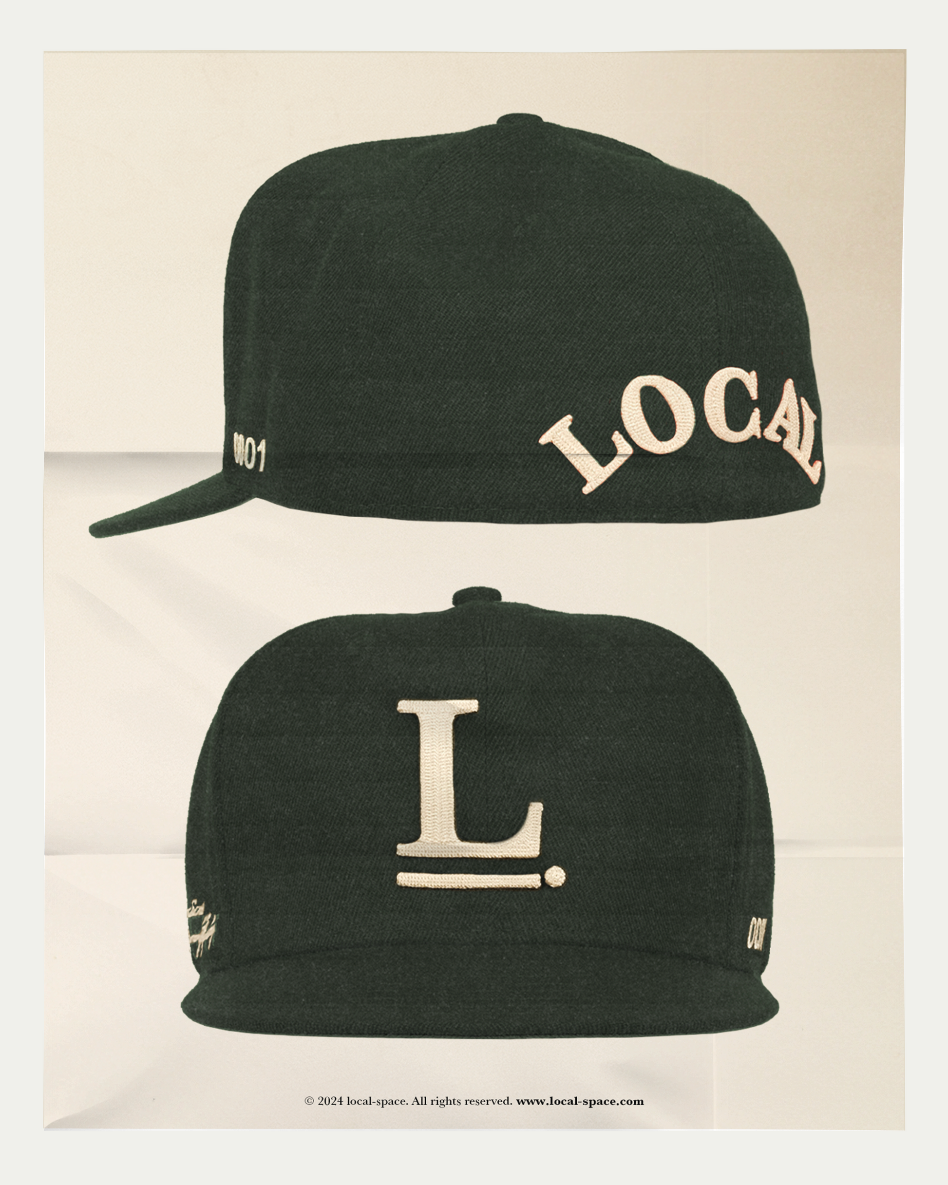 Forest Green fitted baseball cap with Local Space emblem in 3D chain embroidery on the front, 'ISSUE 0001' on the left, and LOCAL logo on the rear, structured crown and flat brim with a grey underside.