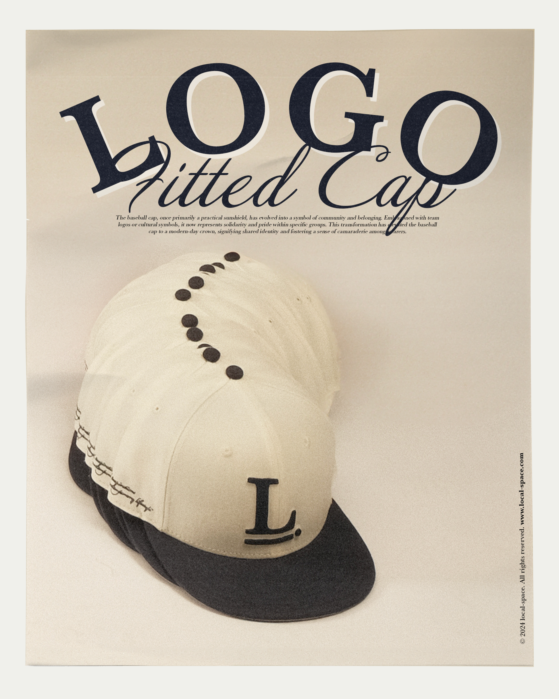 White and Navy fitted baseball cap with Local Space emblem in 3D chain embroidery on the front, 'ISSUE 0001' on the left, and LOCAL logo on the rear, structured crown and flat brim with a grey underside.