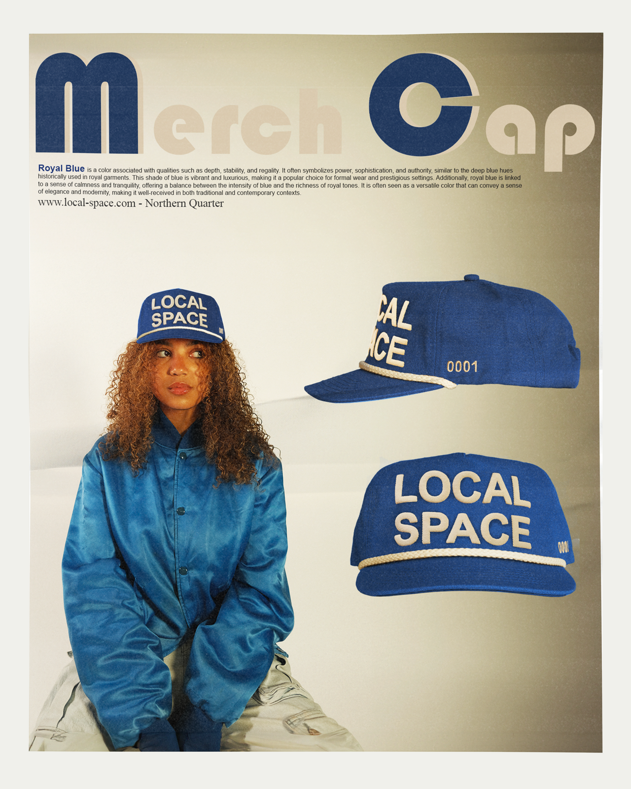 Royal Blue Merch Cap featuring 'LOCAL SPACE' in puff print on the front, 'ISSUE 0001' embroidery on the side, vintage snapback fit, and a slightly curved brim, made from 100% cotton canvas.