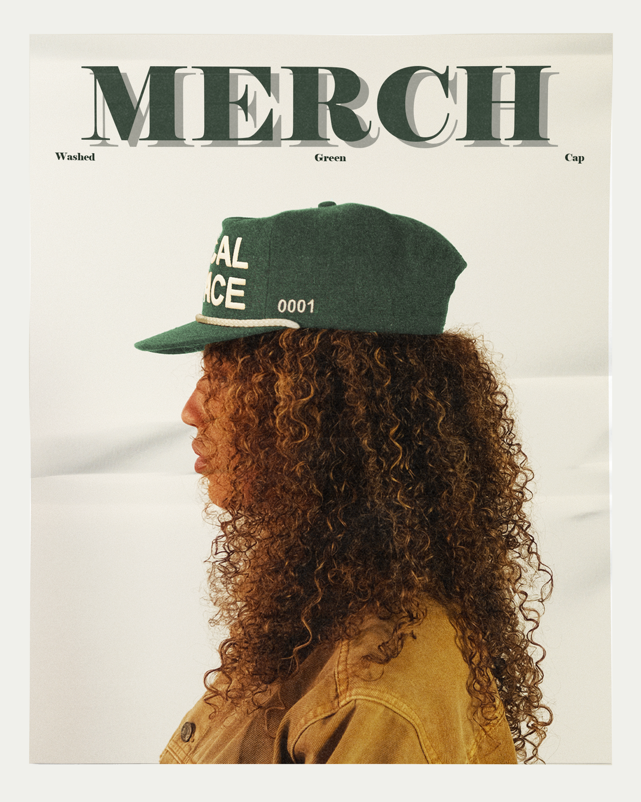 Washed Green Merch Cap featuring 'LOCAL SPACE' in puff print on the front, 'ISSUE 0001' embroidery on the side, vintage snapback fit, and a slightly curved brim, made from 100% cotton canvas.