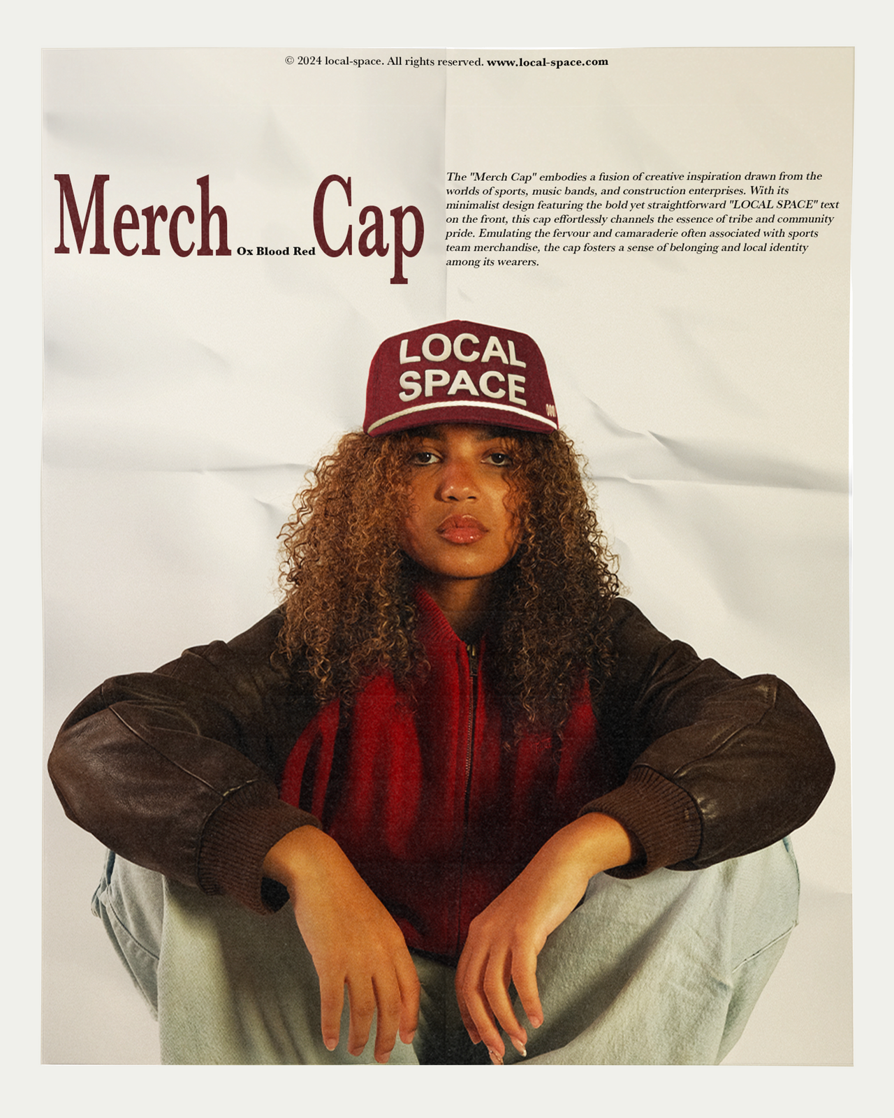 Ox-blood Red Merch Cap featuring 'LOCAL SPACE' in puff print on the front, 'ISSUE 0001' embroidery on the side, vintage snapback fit, and a slightly curved brim, made from 100% cotton canvas.