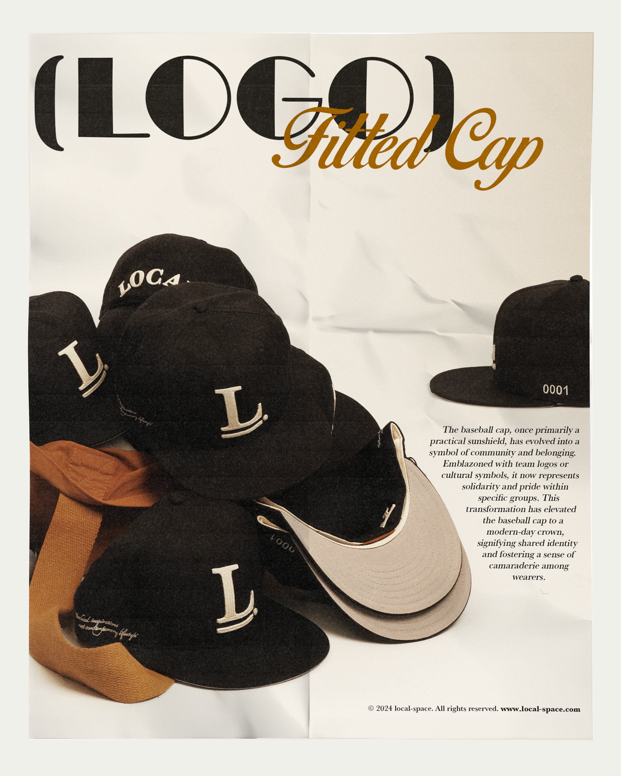 Black fitted baseball cap with Local Space emblem in 3D chain embroidery on the front, 'ISSUE 0001' on the left, and LOCAL logo on the rear, structured crown and flat brim with a grey underside.