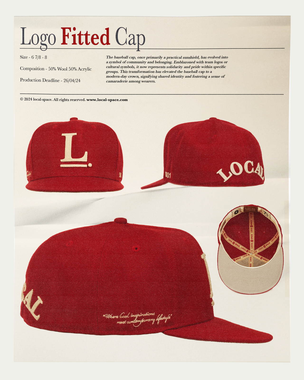 Red fitted baseball cap with Local Space emblem in 3D chain embroidery on the front, 'ISSUE 0001' on the left, and LOCAL logo on the rear, structured crown and flat brim with a grey underside.